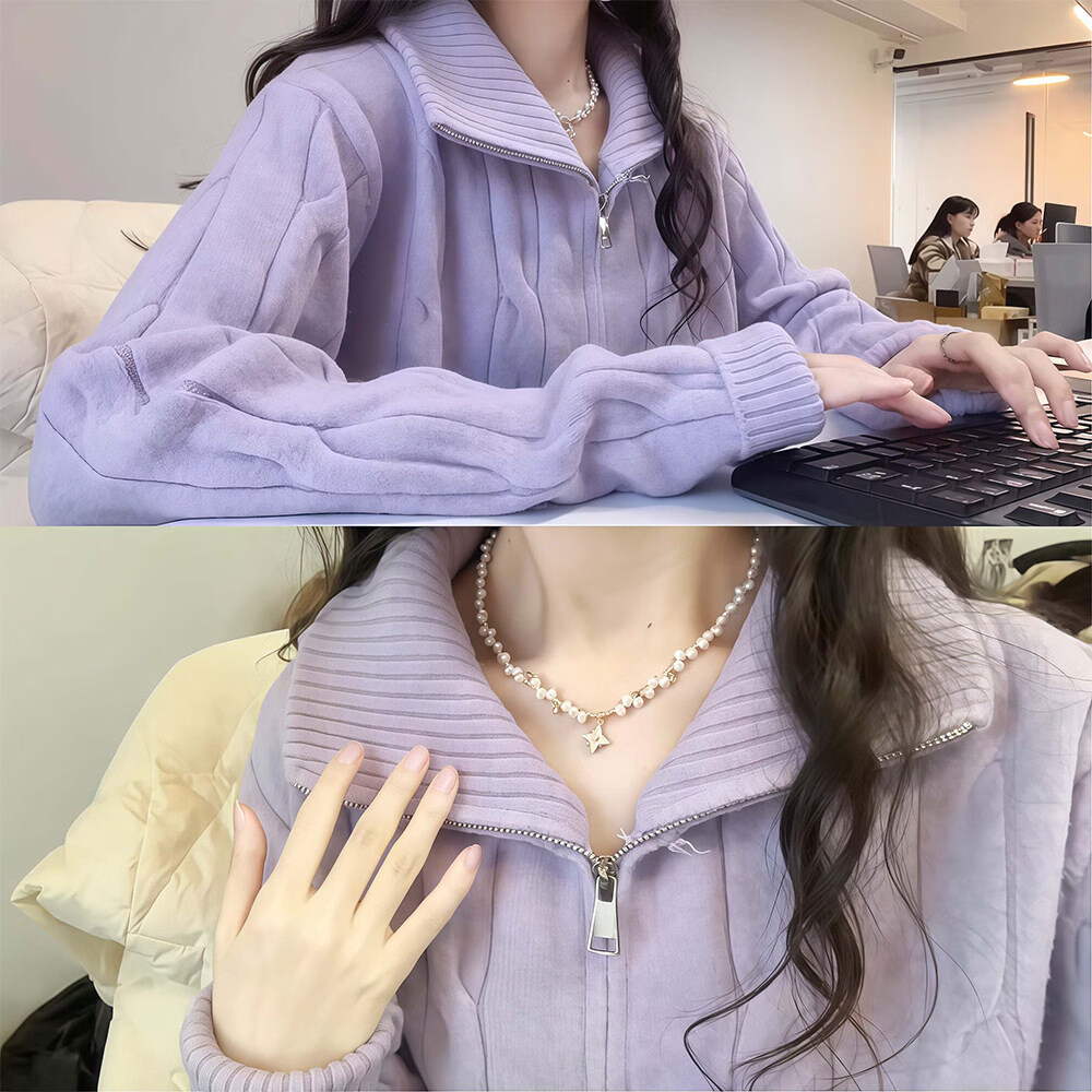浪莎紫色麻花毛衣外套女秋季半高领双拉链针织开衫温柔韩系风通勤上衣 紫色 【保暖抗起球】 均码 【建议80-140斤】