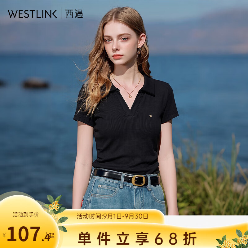 西遇（Westlink）简约小众设计POLO领黑色2026初秋捏褶收腰显瘦时尚短袖T恤女 黑色 M (160)
