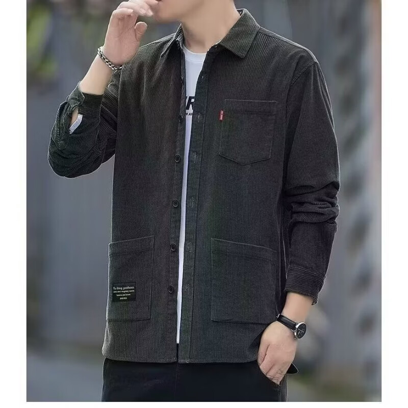 嘉晔(JIAYE)灯芯绒长袖衬衫男士春秋季新款时尚工装上衣休闲衬衣外套上衣潮 卡其色 L 【建议110-130斤】