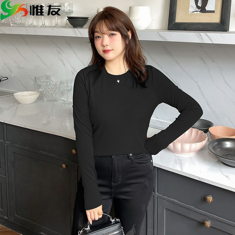 惟友大码打底衫女胖mm大码女装春装弹力金属小心心上衣 黑色 p1建议