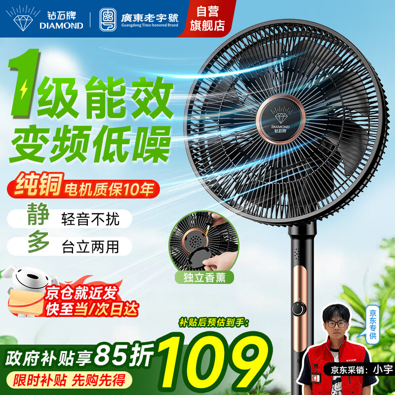钻石牌电风扇家用【1级能效+直流变频+纯铜电机】台地两用摇头扇大风量轻音卧室客厅空调伴侣DFS-ZBHM08z