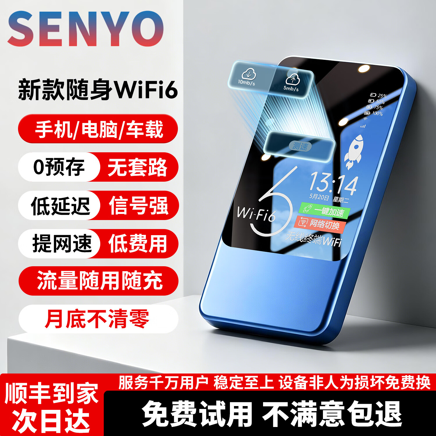 SENYO随身wifi2026新款移动wifi无线全国通用免插卡高速网络低延迟随身车载热点商务办公户外 【顶配限免升级10000毫安】多网自由换-蓝 稳定性提升60%新款wifi6+ 京东折扣/优惠券