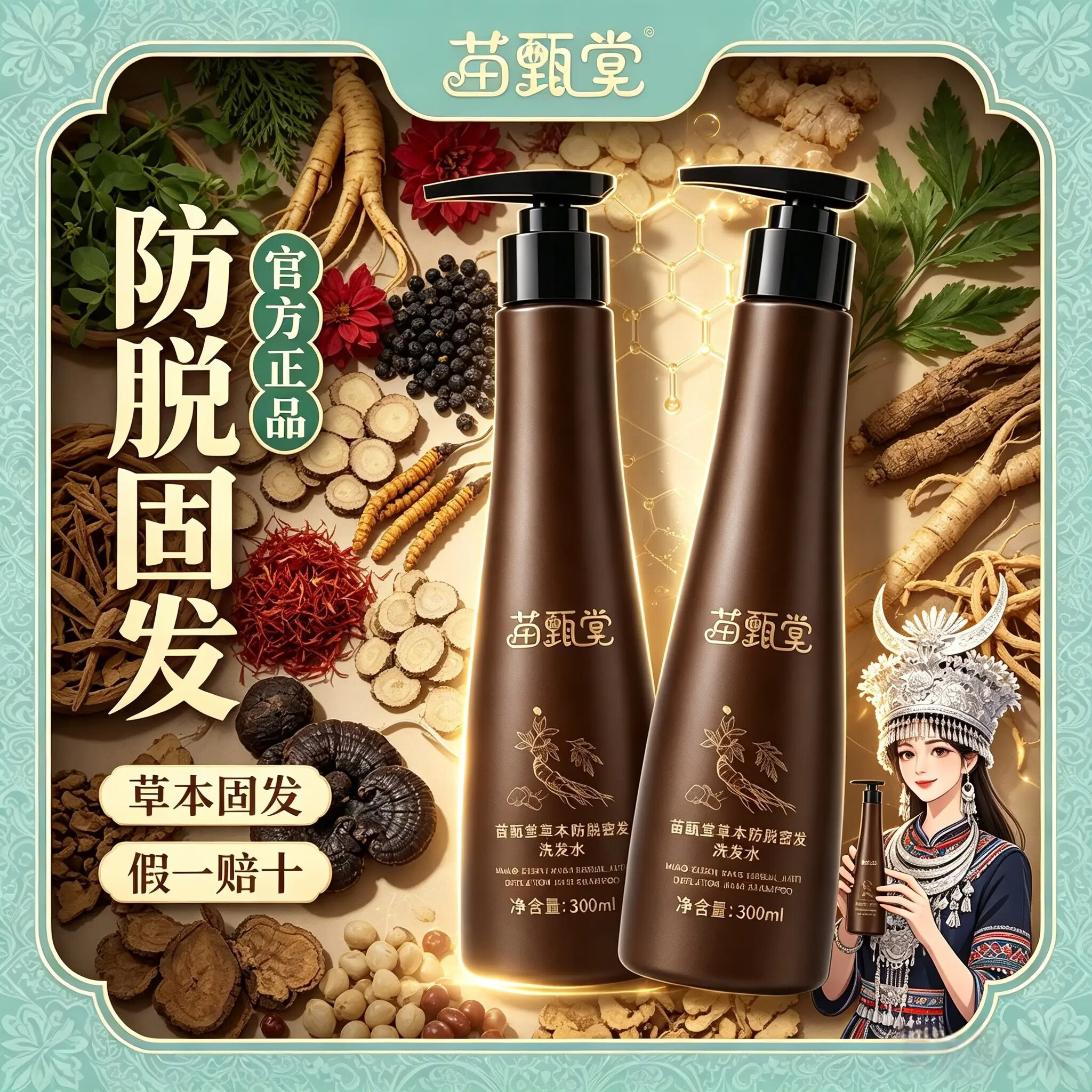 苗甄堂官方正品 苗甄堂 视频爆款 防脱草本洗发水 两瓶装300ml侧柏叶 苗甄堂/防脱洗发水/300ml*2瓶