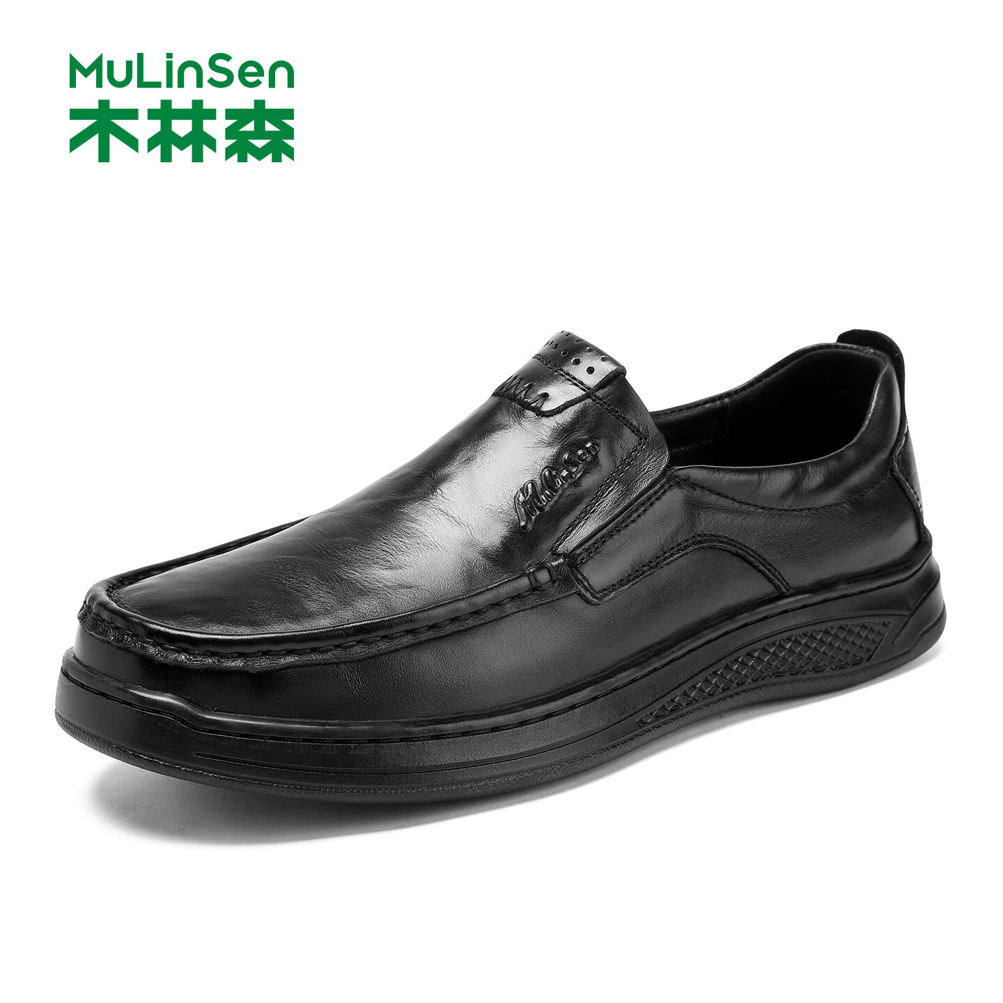 木林森【品牌专卖】休闲皮鞋男平底真皮轻便软底软面圆头套脚新款男鞋 黑色559 38