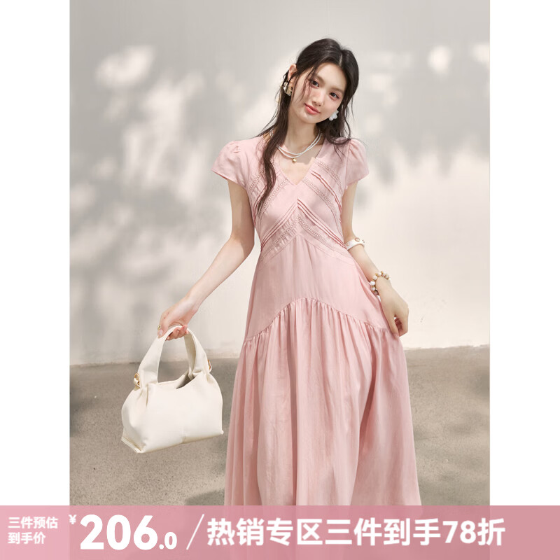 谜秀【安心品质】天丝法式连衣裙女2026温柔小个子收腰高级显瘦蕾丝裙 粉紫色 粉色 M
