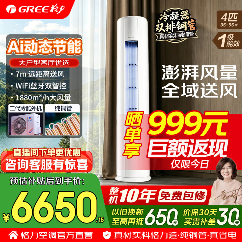 格力空调 舒适风Max 4匹 新一级能效 变频冷暖 高配双排铜管 AI动态节能 客厅立式空调柜机 国家补贴 4匹 舒适风Max 大风量 大客厅柜机