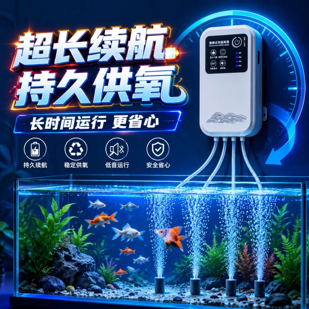 户外钓鱼增氧泵鱼缸氧气泵静音增氧机家用鱼缸给氧充电两用打氧机 户外防水【20w四孔】电池7500毫安+4档