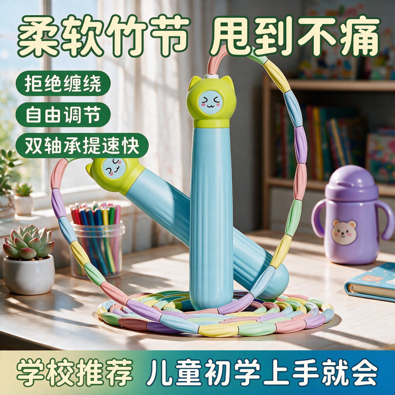 KYM竹节跳绳儿童小学生幼儿园大班专用初学考试不打结训练减肥双轴承 竹节跳绳【带轴承更顺滑】天空蓝Z10