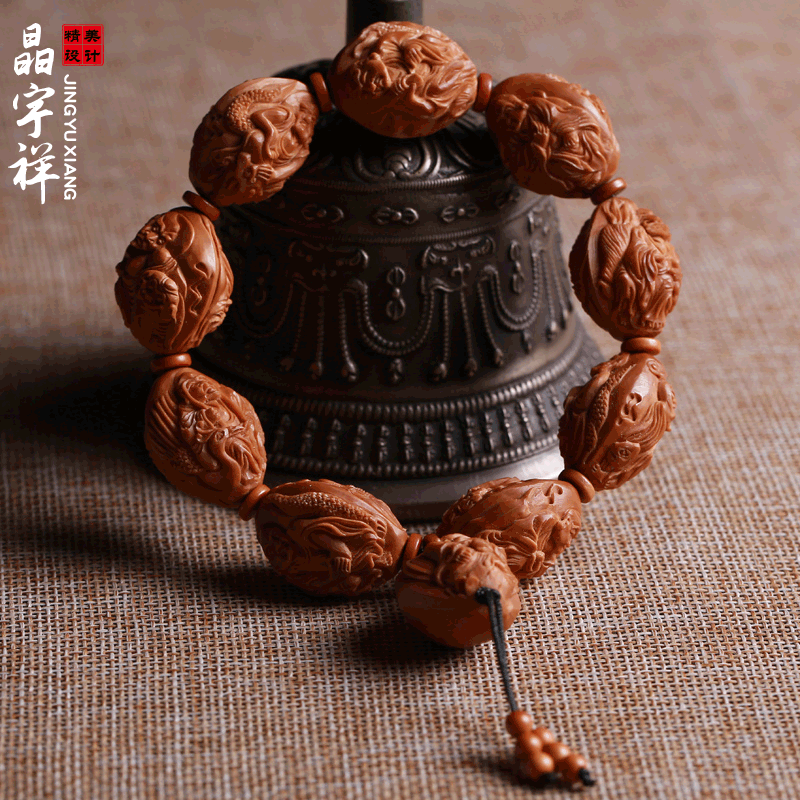 晶宇祥 橄榄核双面浮雕十八罗汉手串佛珠手链橄榄胡核雕男女文玩手工