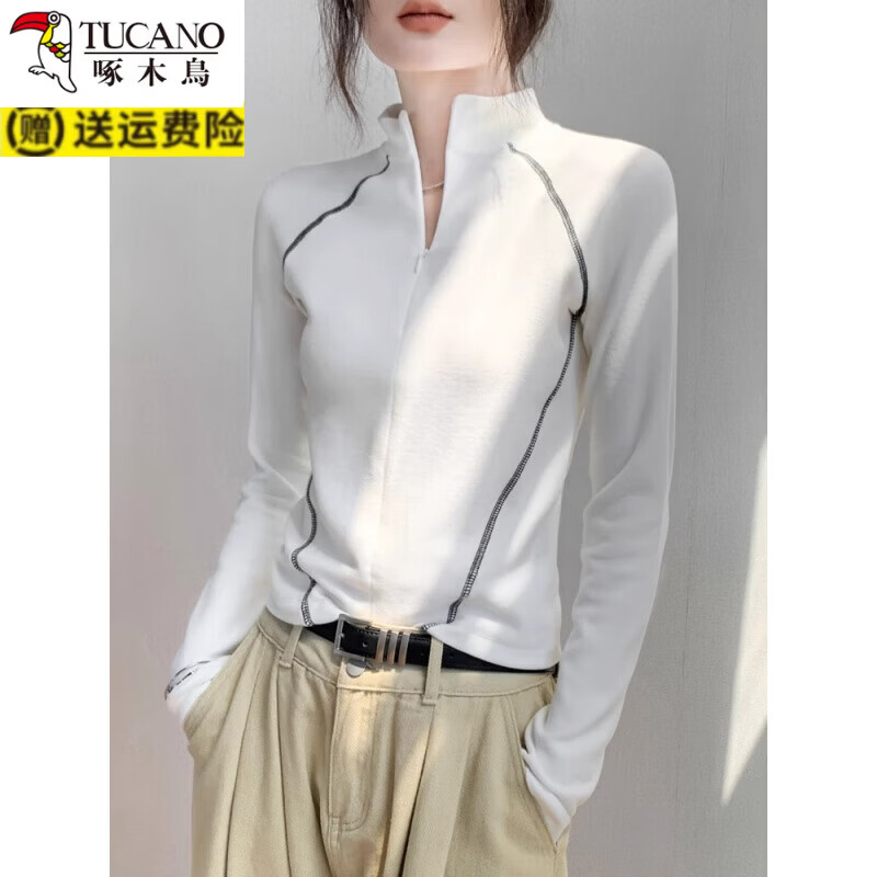 啄木鸟（TUCANO）拉链半高领双面德绒卫衣女秋冬韩版修身显瘦内搭保暖打底长袖上衣 黑色 3XL 建议130-150斤内