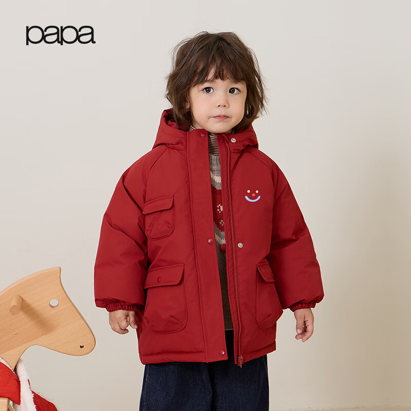 papa爬爬冬季儿童羽绒服加厚保暖鸭绒红色新年工装外套 红色 100