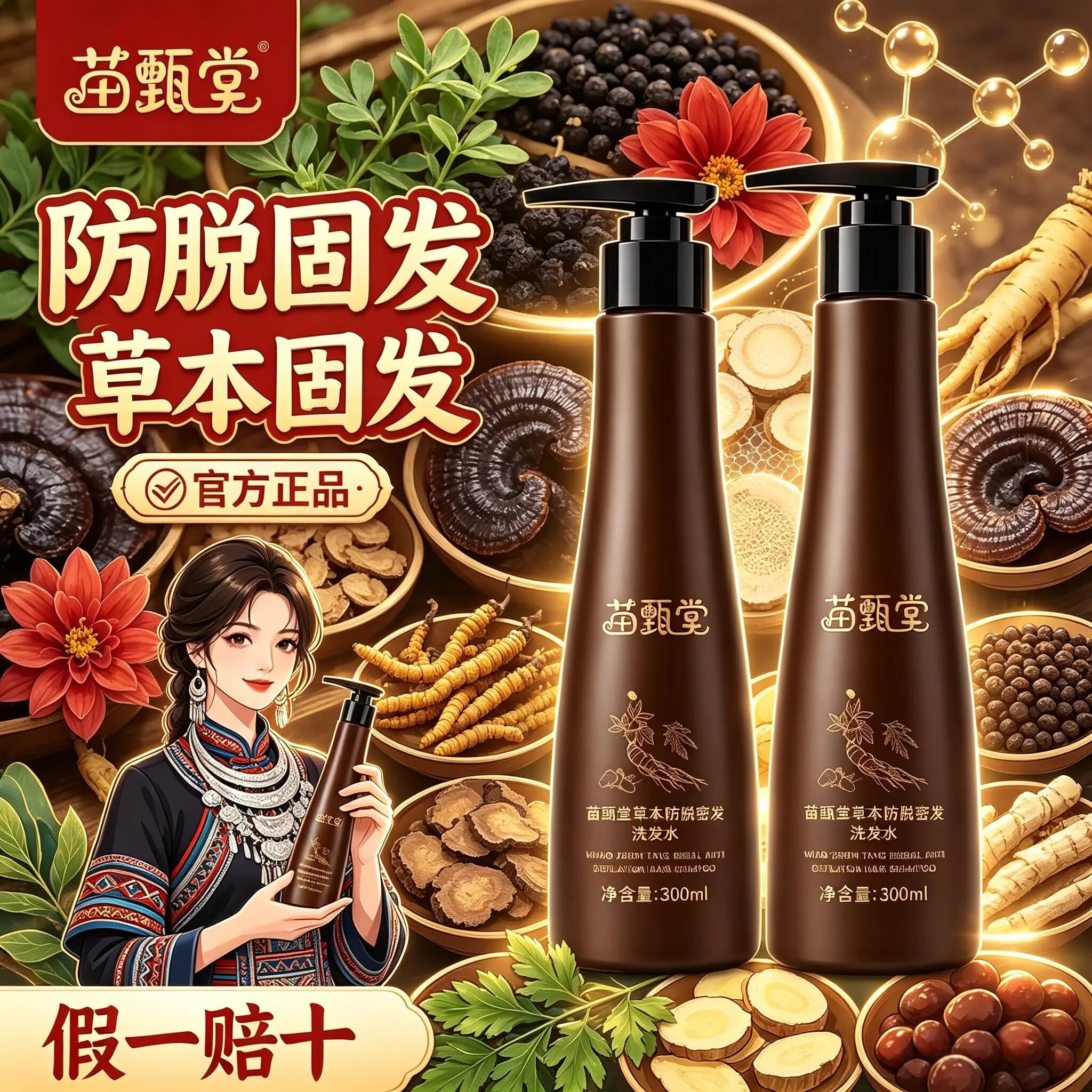 苗甄堂官方正品 【苗甄堂】 防脱草本洗发水 两瓶装300ml 某音爆款 苗甄堂/防脱洗发水/300ml*2瓶
