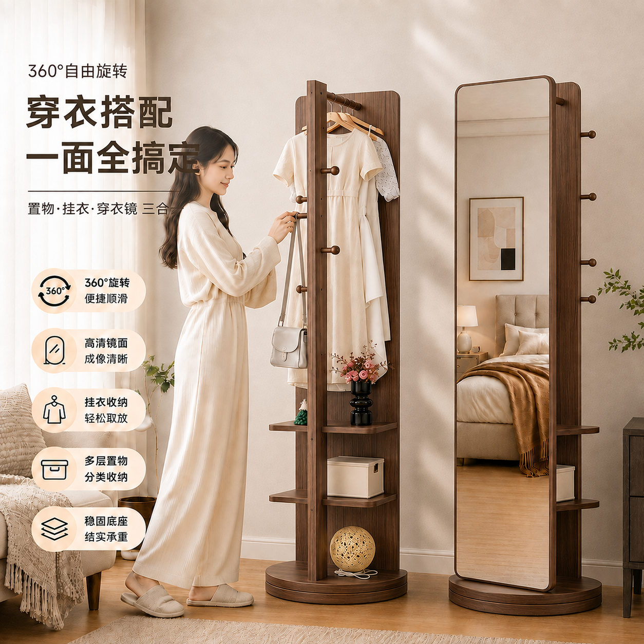 佑升全身镜穿衣镜旋转镜子家用落地卧室多功能挂衣架一体试衣镜方胡7