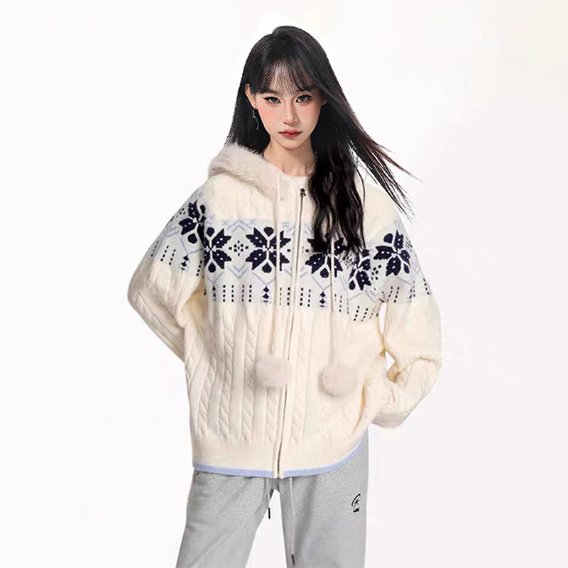 浪莎费尔岛毛衣秋季女宽松慵懒感连帽针织衫外搭保暖百搭开衫卫衣外套 米白色 【费尔岛开衫】 均码 【建议80-140斤】