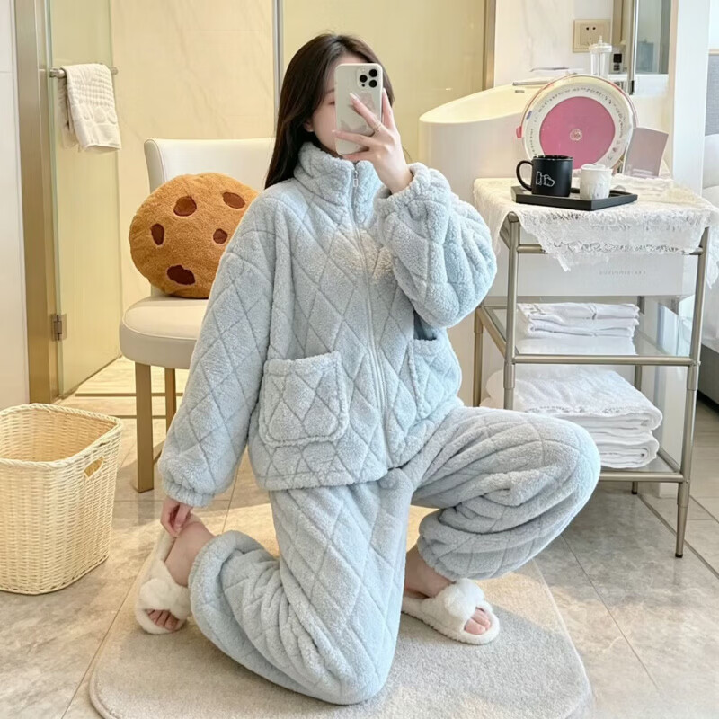 有只绵秋冬保暖珊瑚绒睡衣套装女加绒立领拉链双口袋居家服可外穿 粉色(菱形格套装加厚款) M 特厚约1000g (建议100-120斤)