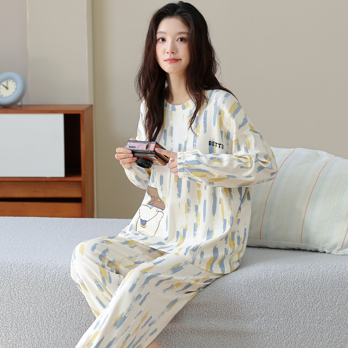 纯棉睡衣女秋季长袖长裤韩版休闲可爱小熊可外穿家居服套装可外穿 58918 2XL