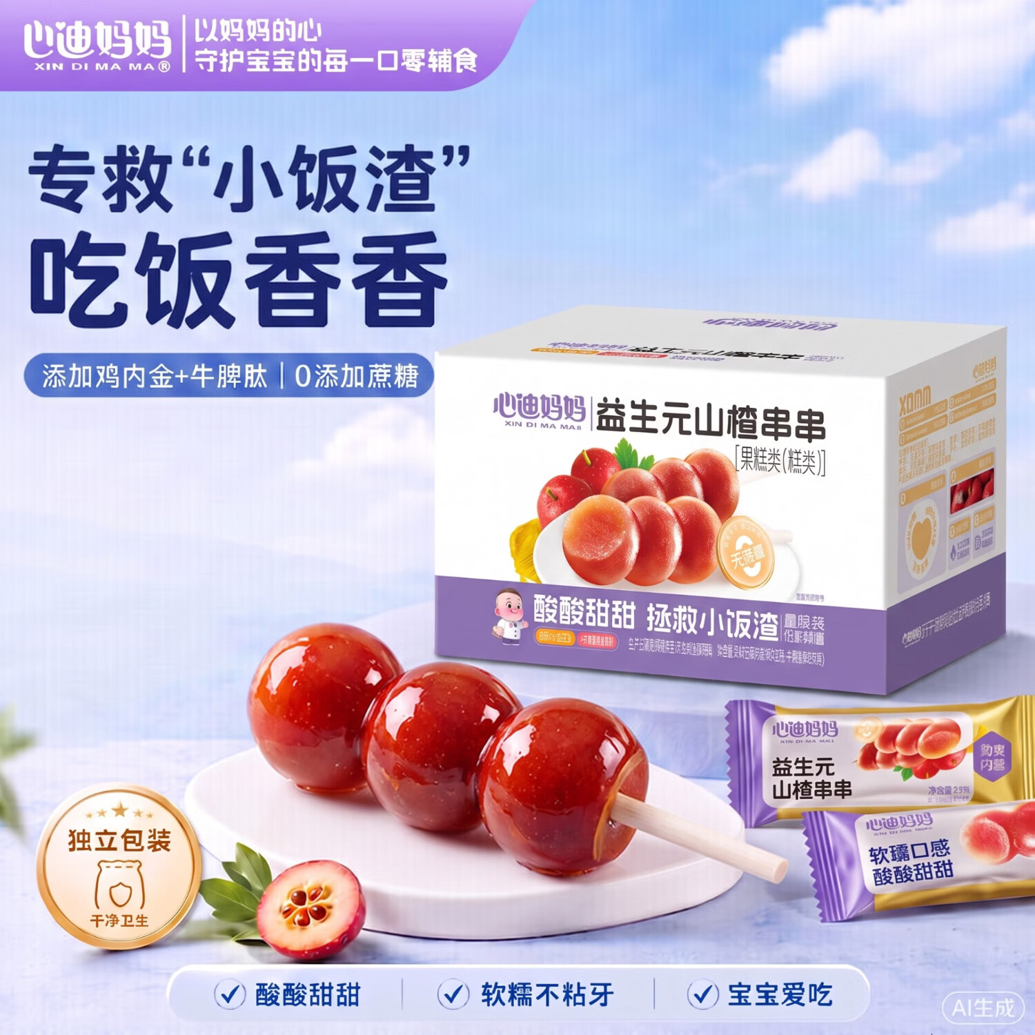 心迪妈妈山楂鸡内金糖葫芦300g益生元山楂串串儿童零食0添加蔗糖棒棒糖 【含益生元】鸡内金葫芦串300g
