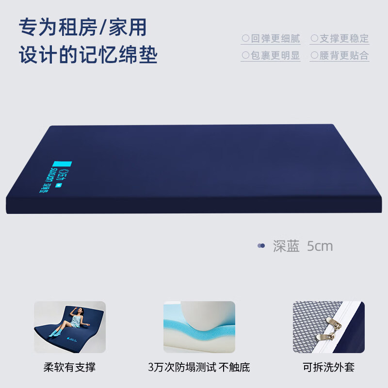 苏萱零压记忆棉床垫150x200家用卧室软垫学生宿舍单人床褥垫子租房用 8H深睡系列深蓝-厚约5cm 150*200cm双人床