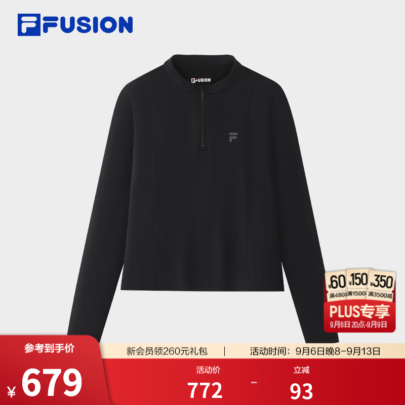 FILA FUSION 斐乐潮牌长袖T恤26秋季新款女士针织拼色半拉链修身长T 正黑色-BK 2XL 180/96A/XXL