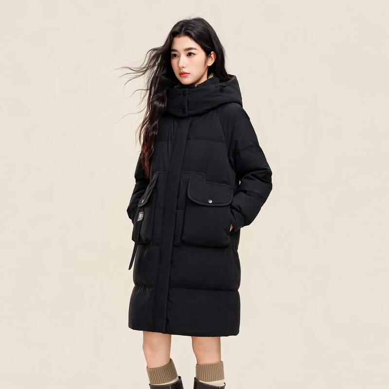 雪中飞冬新款女羽绒服连帽百搭大口袋加厚保暖宽松简约韩版中长款 黑色|8056 M /160/84A
