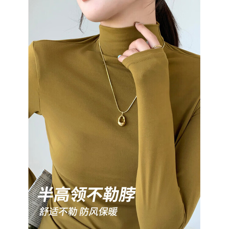 有只绵半高领面膜衫女内搭秋冬磨毛打底衫修身保暖外穿长袖T恤上衣 黑色 M 适合80-100斤