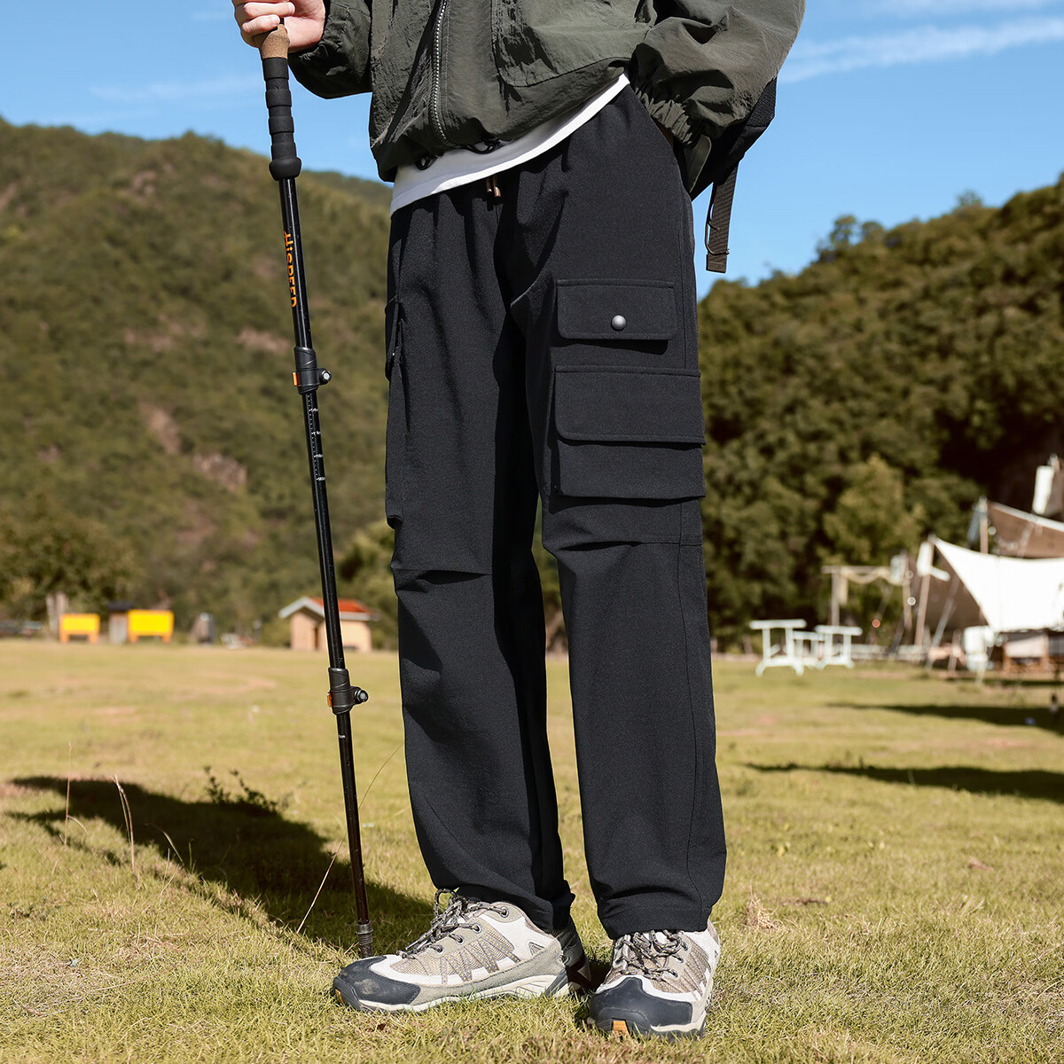 布衣传说复古机能工装裤男士山系伞兵裤秋季直筒宽松运动休闲长裤 黑色 3XL