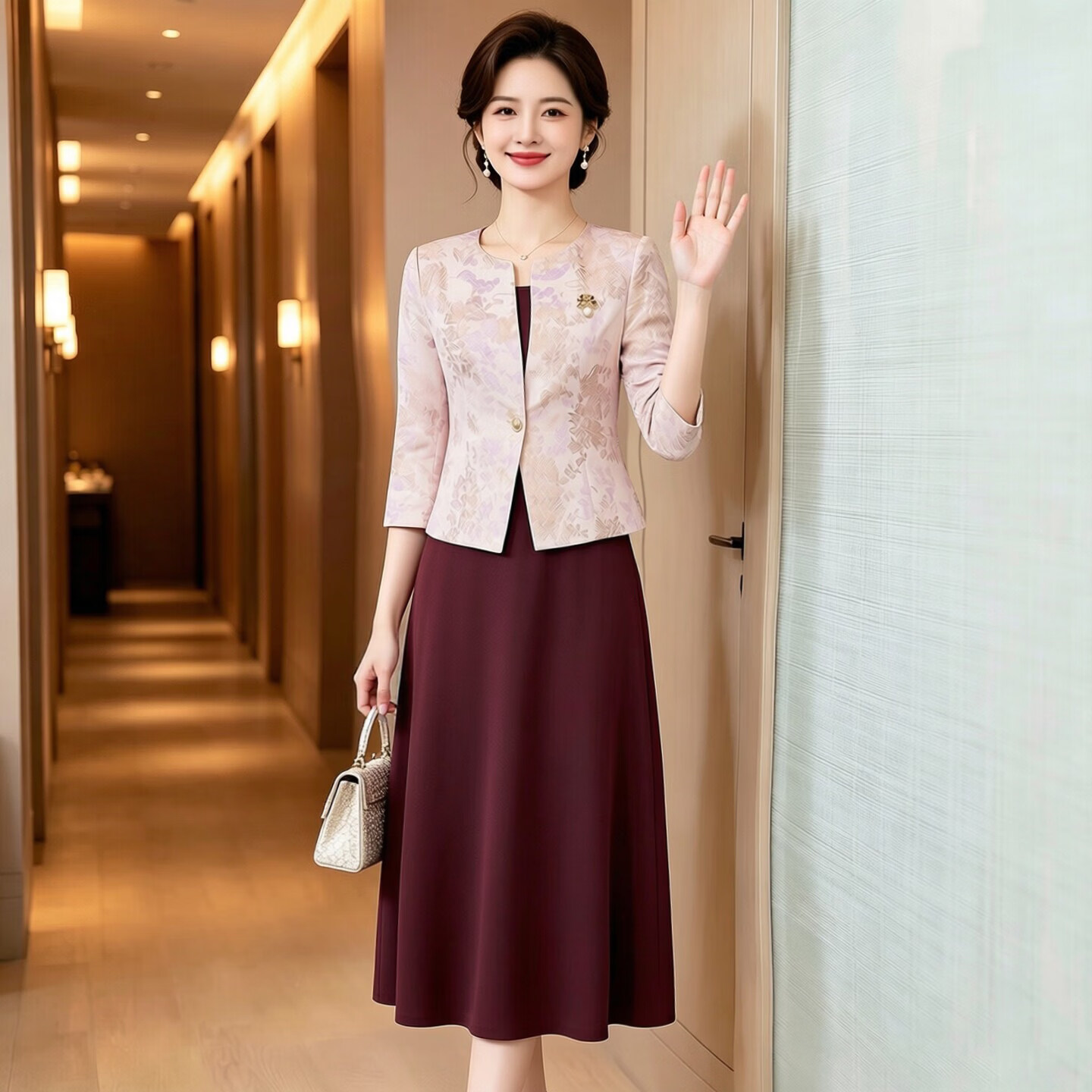 香影纯喜婆婆妈妈改良旗袍套装连衣裙女秋夏2026新款贵夫人高端大气裙子 粉色 M (建议85-100斤)
