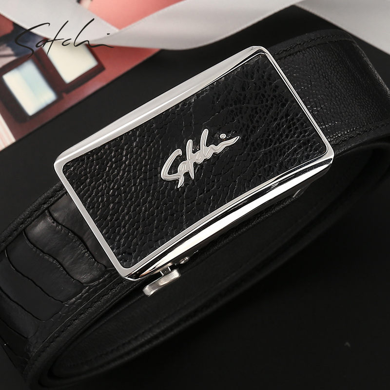 satchi沙驰皮带男商务休闲鸵鸟皮自动扣腰带大气草沙礼盒裤带au69624