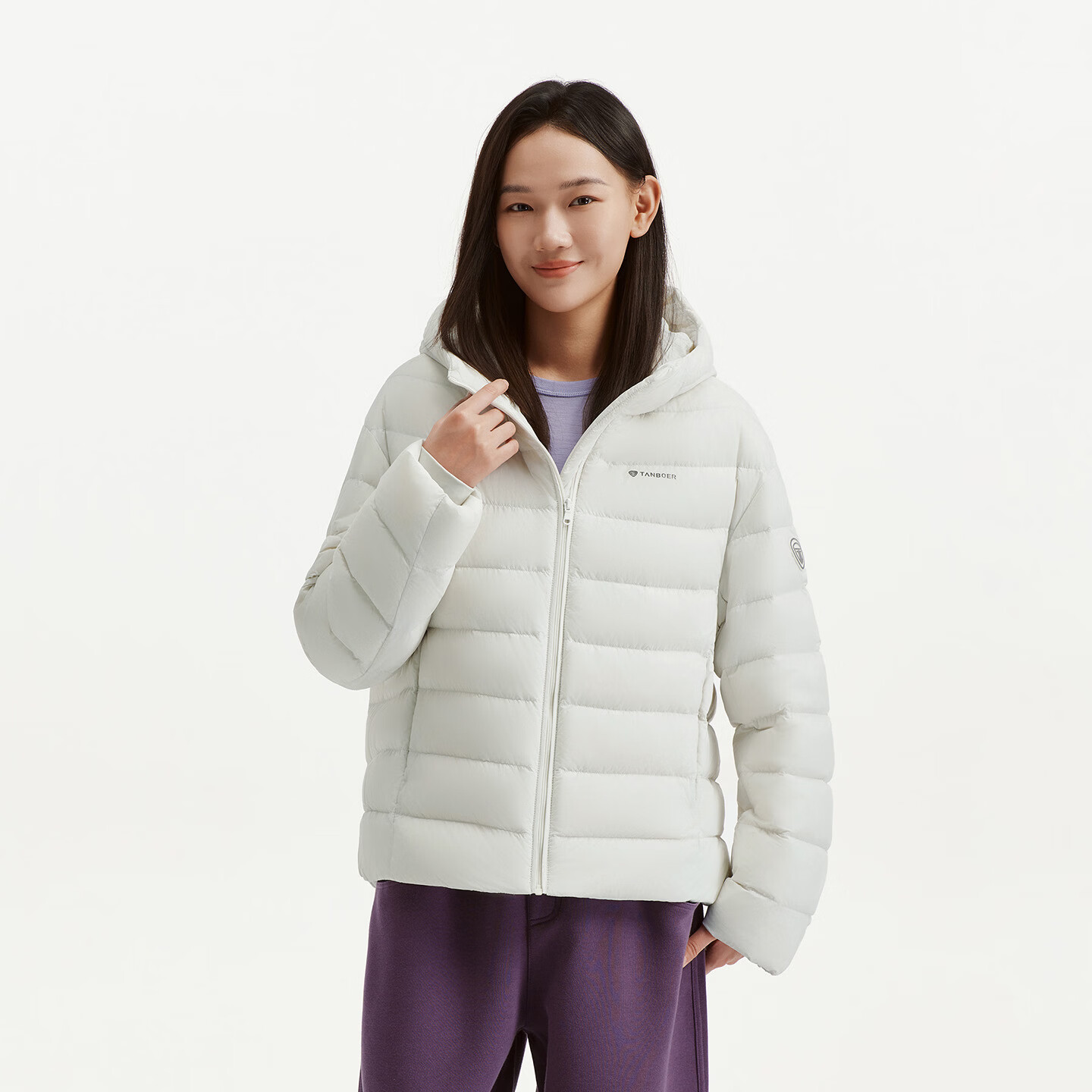 坦博尔2026秋冬新款排骨羽绒服休闲时尚百搭短款连帽女士外套 轻灰白 XS