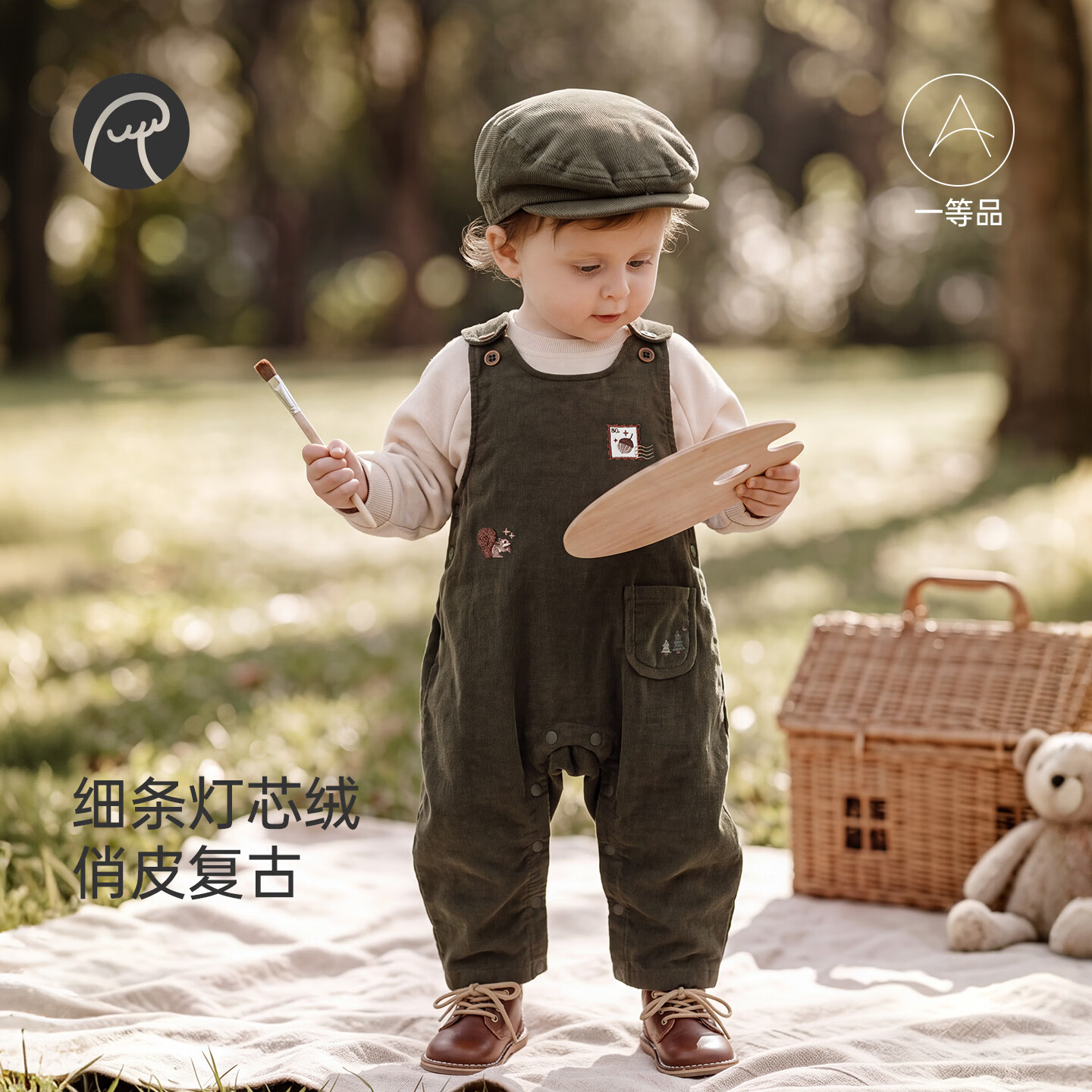 乖奇熊【灯芯绒】婴幼儿童加绒保暖背带裤冬季宝宝加厚休闲长裤子 浅军绿 100