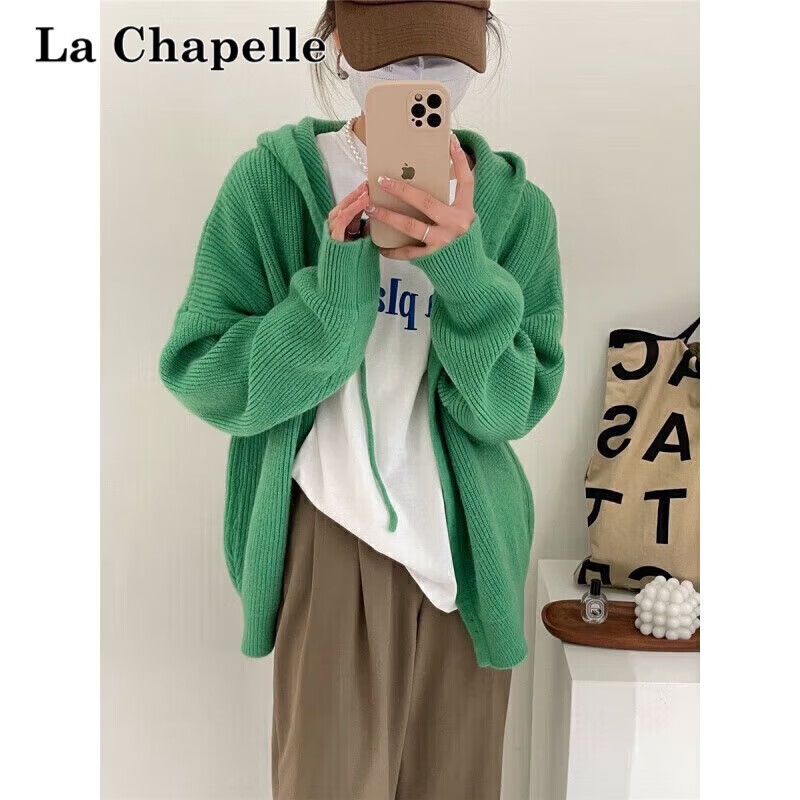 拉夏贝尔（La Chapelle）连帽针织衫女2022年冬季新款柔糯质感单排扣长袖针织开衫毛衣 绿色 均码