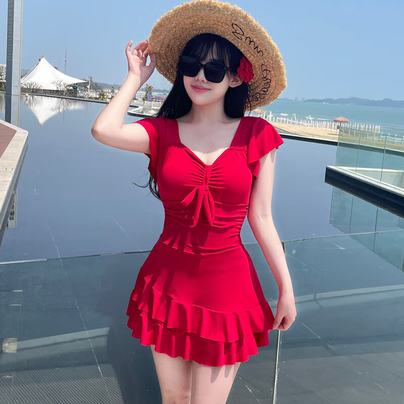 斤性感欲裙式连体保守遮肚显瘦时尚微胖海岸泳装 红色套装 防水袋热卖