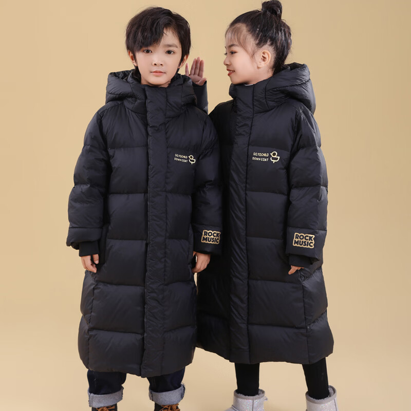 奕旗儿童长款亲子过膝加厚款羽绒服东北极寒黑金三防运动衣服童装外套 黑色 175