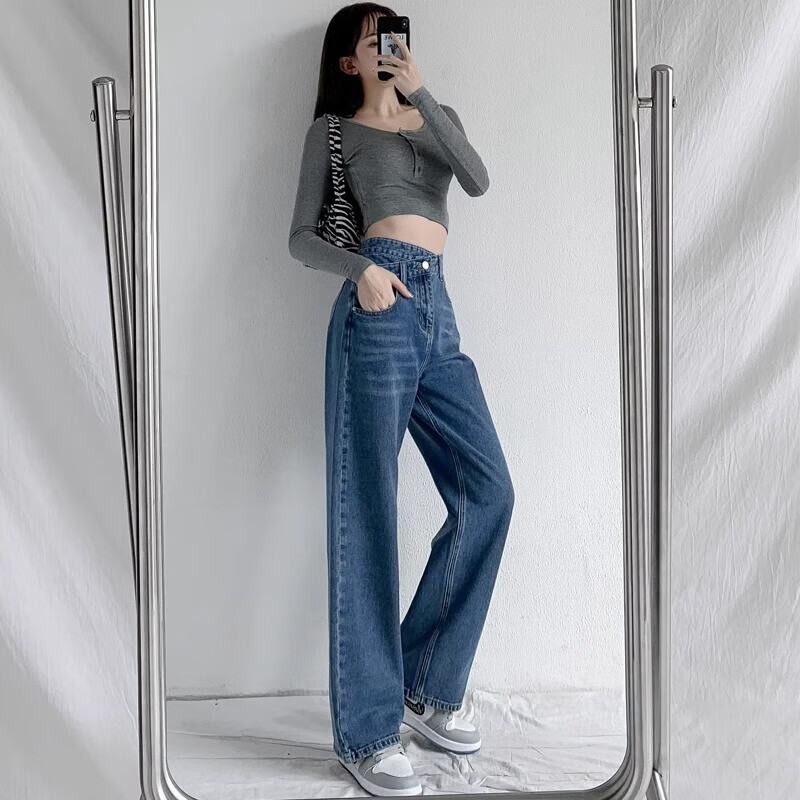 俞兆林牛仔阔腿裤女复古交叉高腰秋季新款显瘦拖地裤显瘦宽松直筒裤子 蓝灰色【显瘦遮肉】 M 【95-105斤】