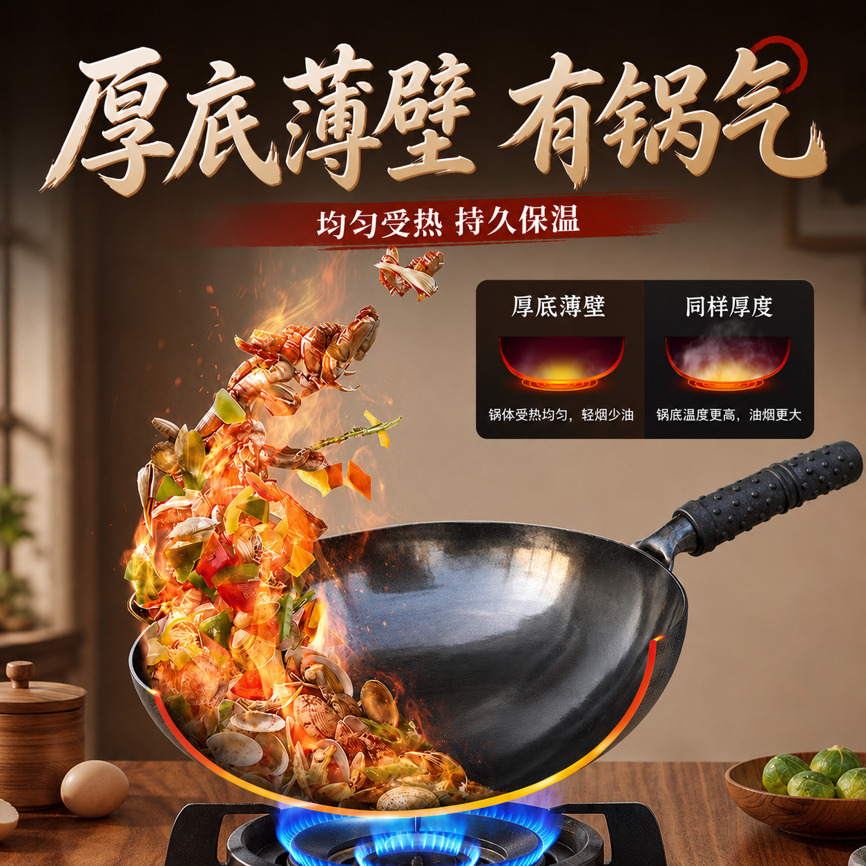 章丘炒锅铁锅家用炒菜锅手工锻打圆底旗舰不粘锅无涂层古法大黑锅 32厘米宗师手工黑锅【赠木盖】 32cm