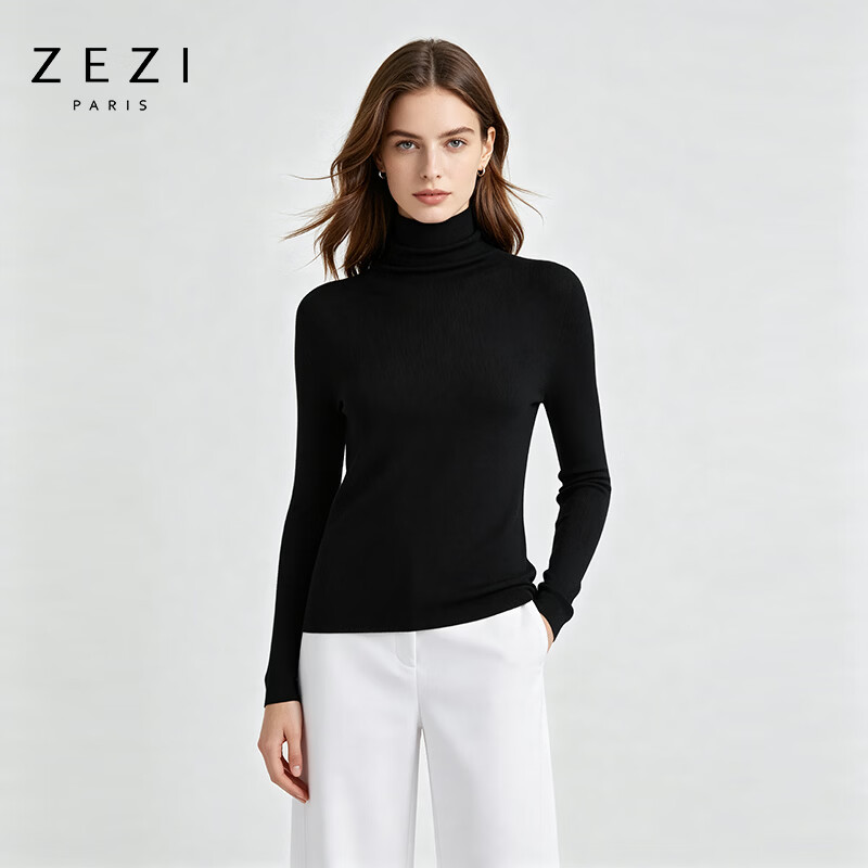 ZEZI100%羊毛无缝一体圆领半高领长袖针织衫毛衣女内搭打底26年秋新款 暗夜黑(高领) XL (125-140斤)