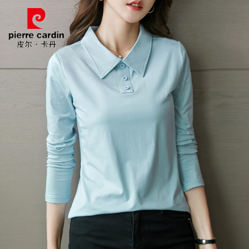 皮尔卡丹纯棉翻领长袖t恤女2022春季新款修身显瘦带polo领上衣有领体恤衫 黑色 【长袖】 S 90斤以下