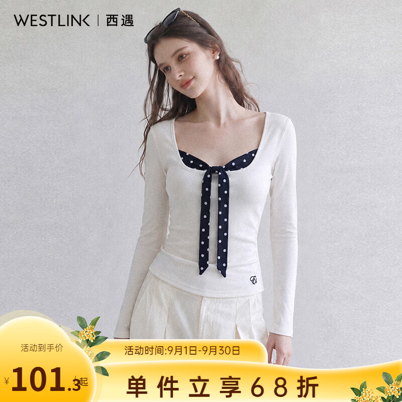 西遇（Westlink）纯欲风方领T恤女2026秋季蝴蝶结系带修身显瘦短款针织上衣 白色 付款15天 L (165)