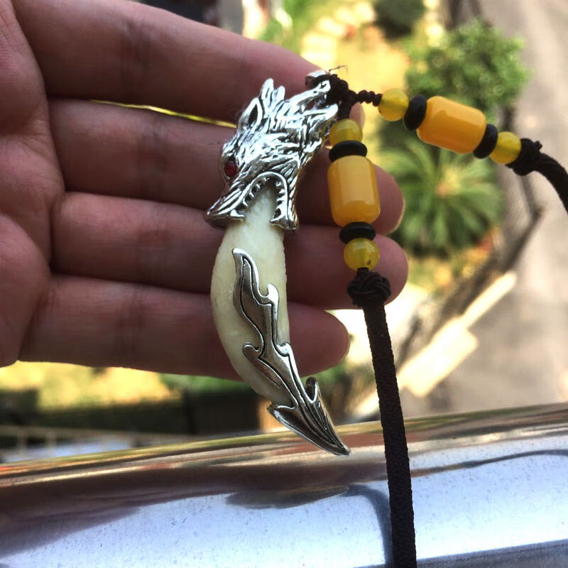 卡古兰 狼牙吊坠银形包银藏银套真品藏獒牙齿女男士真牙黑狗牙项链