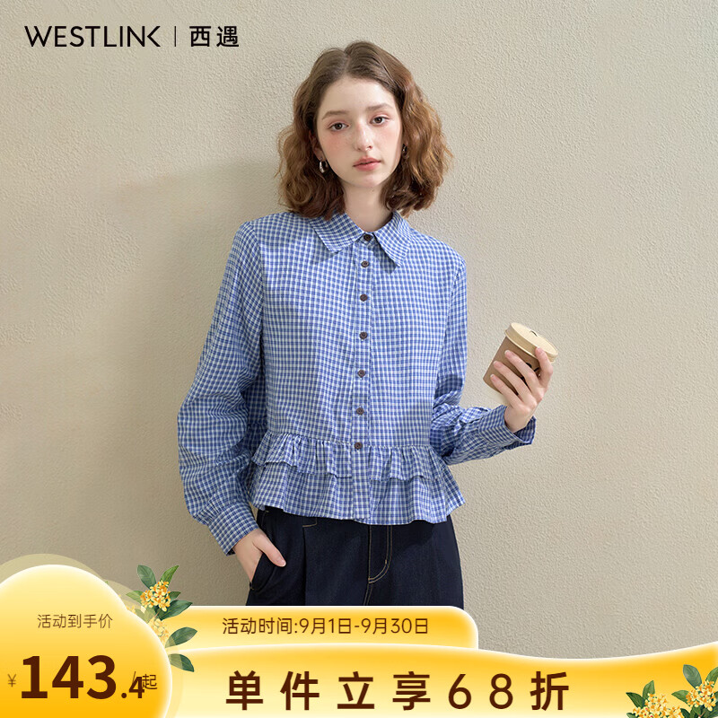 西遇（Westlink）miu系荷叶边蓝色格纹衬衫女宽松百搭短款衬衣上衣 蓝色 M (160)
