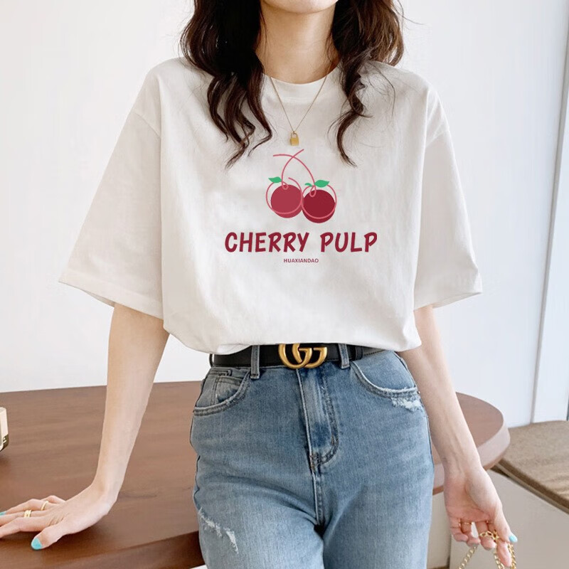 宝娜斯（BONAS）涂鸦短袖女T恤休闲圆领套头运动服纯棉舒适印花打底衫 白色(绿叶樱桃) L(适合100-115斤)高性价比高么？