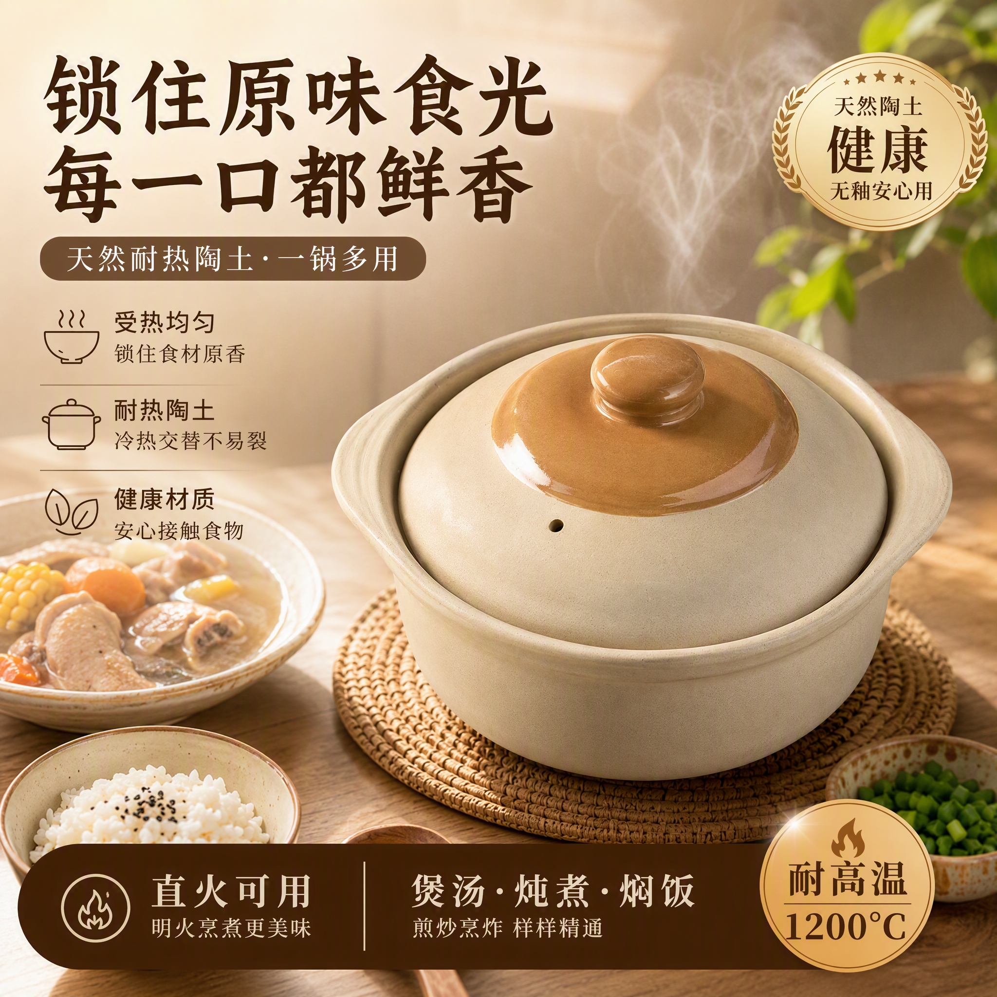 常康复古煲汤砂锅家用防干烧耐高温瓦煲燃气明火煲老式陶商用浅煲 炖锅干烧不易裂 2800ml