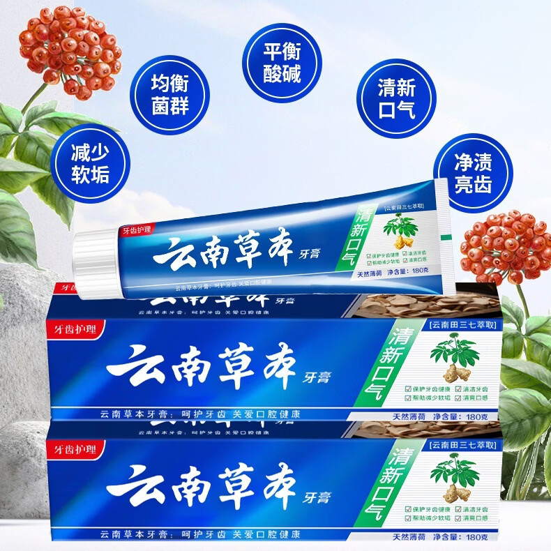 云南草本牙高膏清新口气美白清爽去牙渍除异味非医用儿童牙膏 清爽洁齿-180g