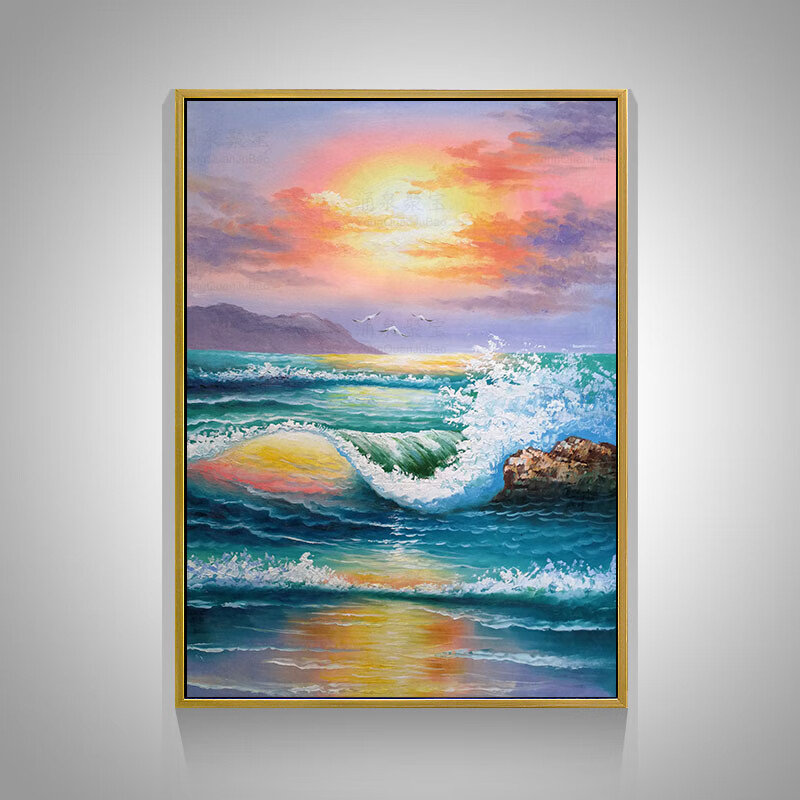 涌泉聚宝手绘油画海上日出现代简约客厅玄关竖版装饰画走廊过道大海