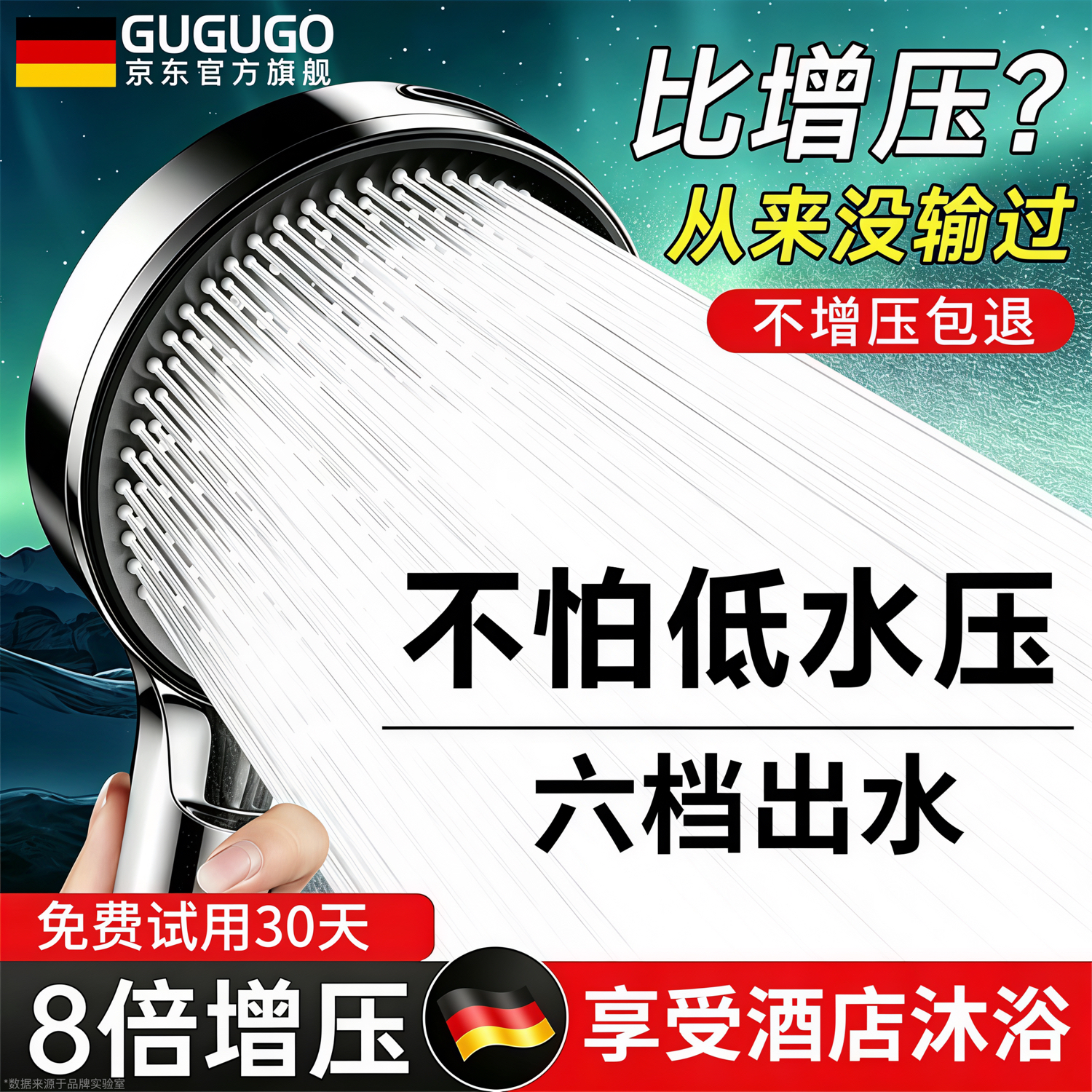 GuGuGo【德国】增压淋浴花洒喷头新款带软管超强高压大出水浴室洗澡喷头 六档增压升级单花洒【电镀银】 高层低水压救星丨酒店式亲肤沐浴