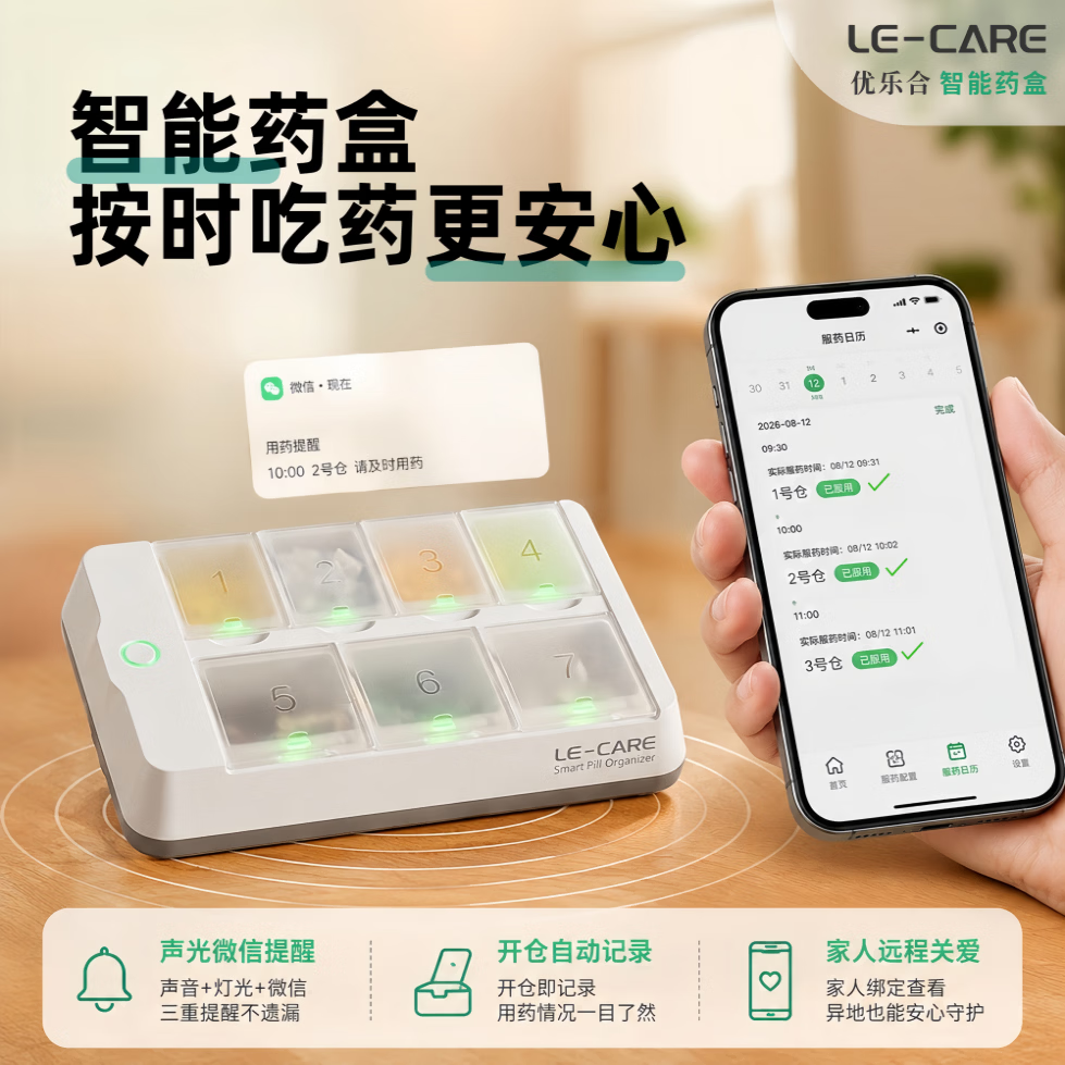 优乐合LE-CARE智能药盒 定时吃药提醒 三重防遗漏微信通知 更能装更智能 【4G云端版】 自动服药记录｜家人远程监督