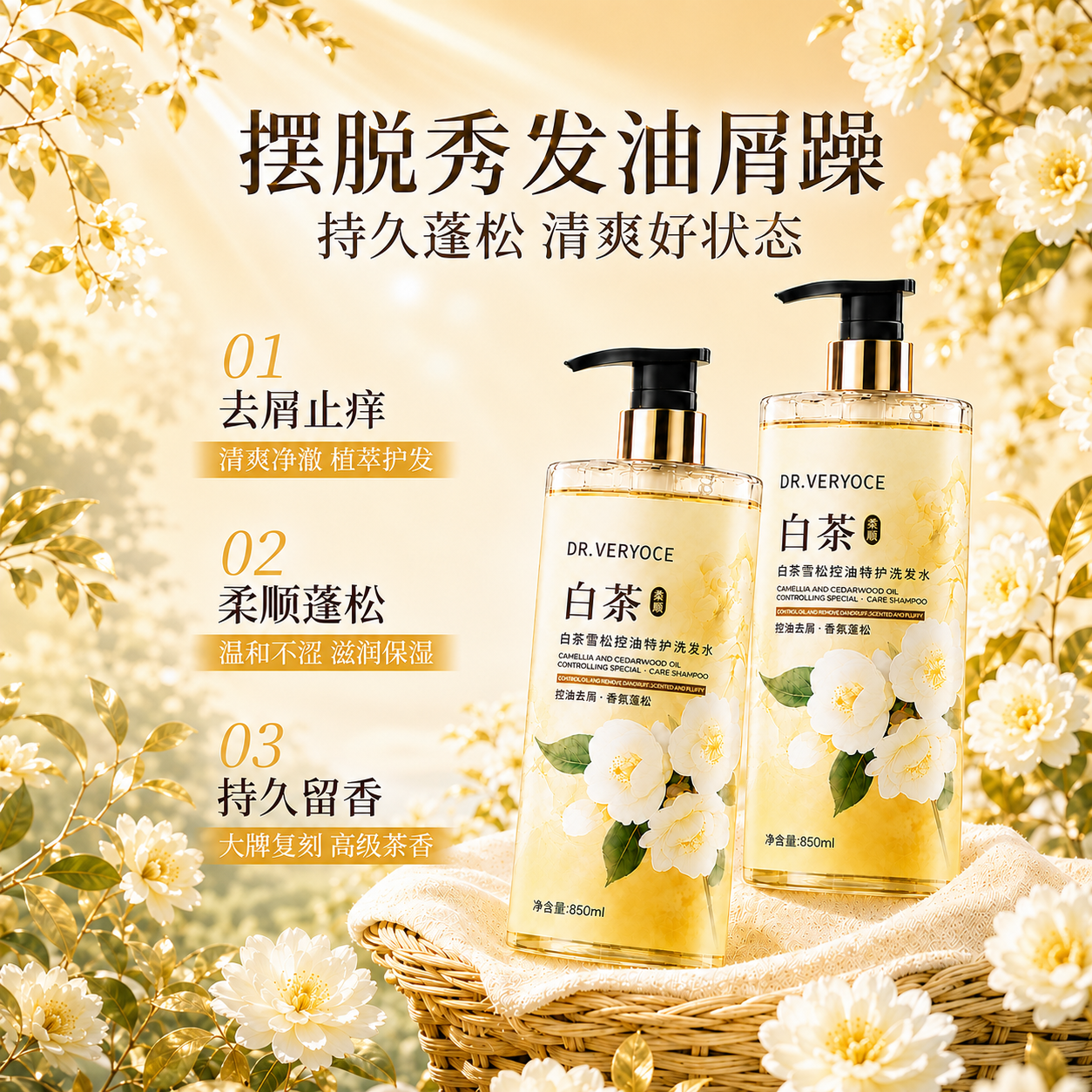 DR.VERYOCE洗发水男女士专用去屑止痒控油持久蓬松留香氨基酸花香洗头膏发露 白茶洗发水850ml-1+白茶沐浴露850ml-1【洗护套装】 商超控油去屑香氛洗发水热卖TOP