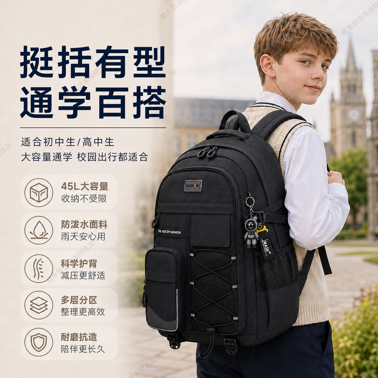 飒望德国轻便书包初中生男高中生小学生儿童女生大容量护脊减负高颜值 【护脊减负 当天速发】黑色-大号/送闪电熊挂件 【男女同款丨全面防水】