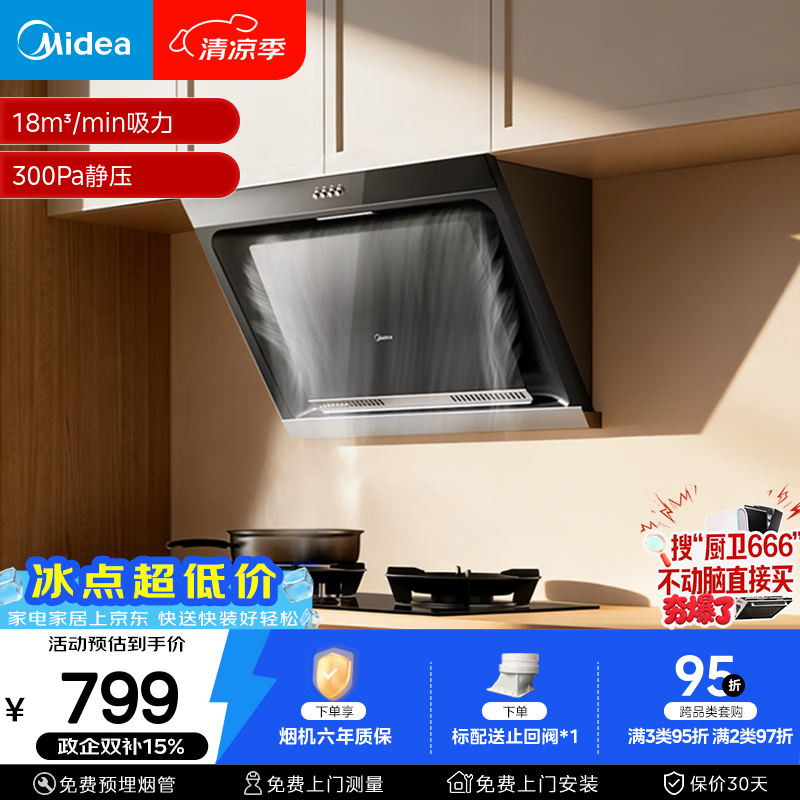 美的（Midea）抽吸排油烟机 家用大吸力侧吸式油烟机上门安装以旧换新出租房屋脱排烟机CXW-200-J30