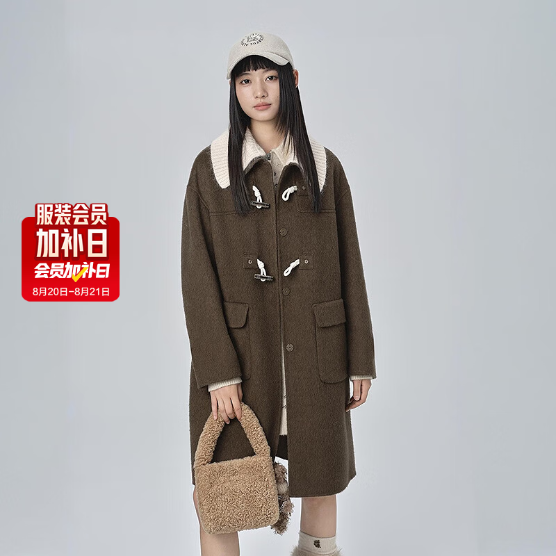 乐町【商场同款】乐町针织拼接翻领毛呢外套秋冬中长款大衣C2AAF4333 丁香棕（现货） S